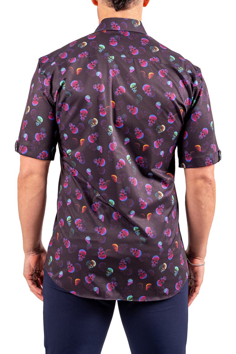 Galileo Resistance0347 Black Skull Print Short Sleeve Cotton Button-Up Shirt, Alternate, color, BLACK