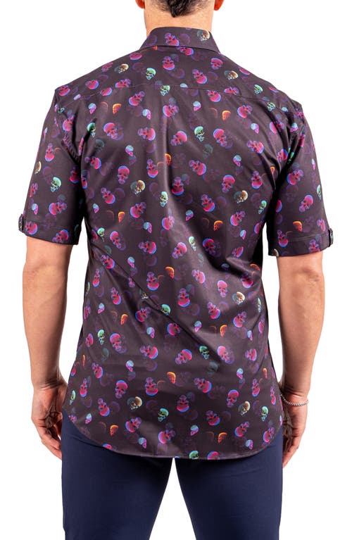 Maceoo Galileo Resistance0347 Black Skull Print Short Sleeve Cotton Button-up Shirt