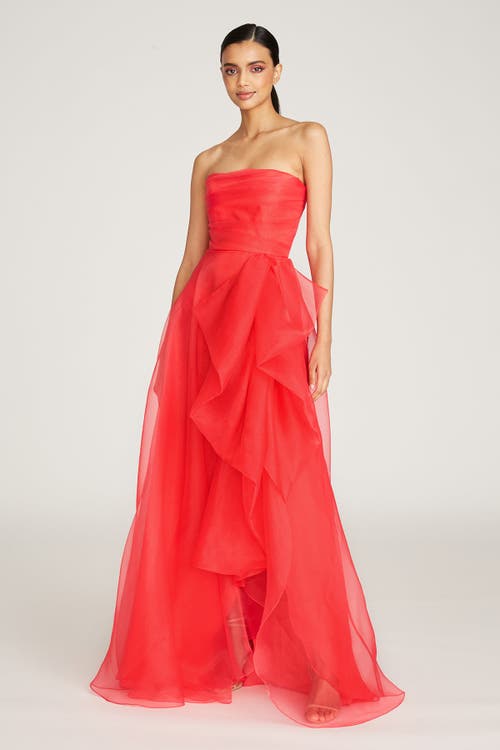 Theia Teresa Strapless Draped Gown In Red