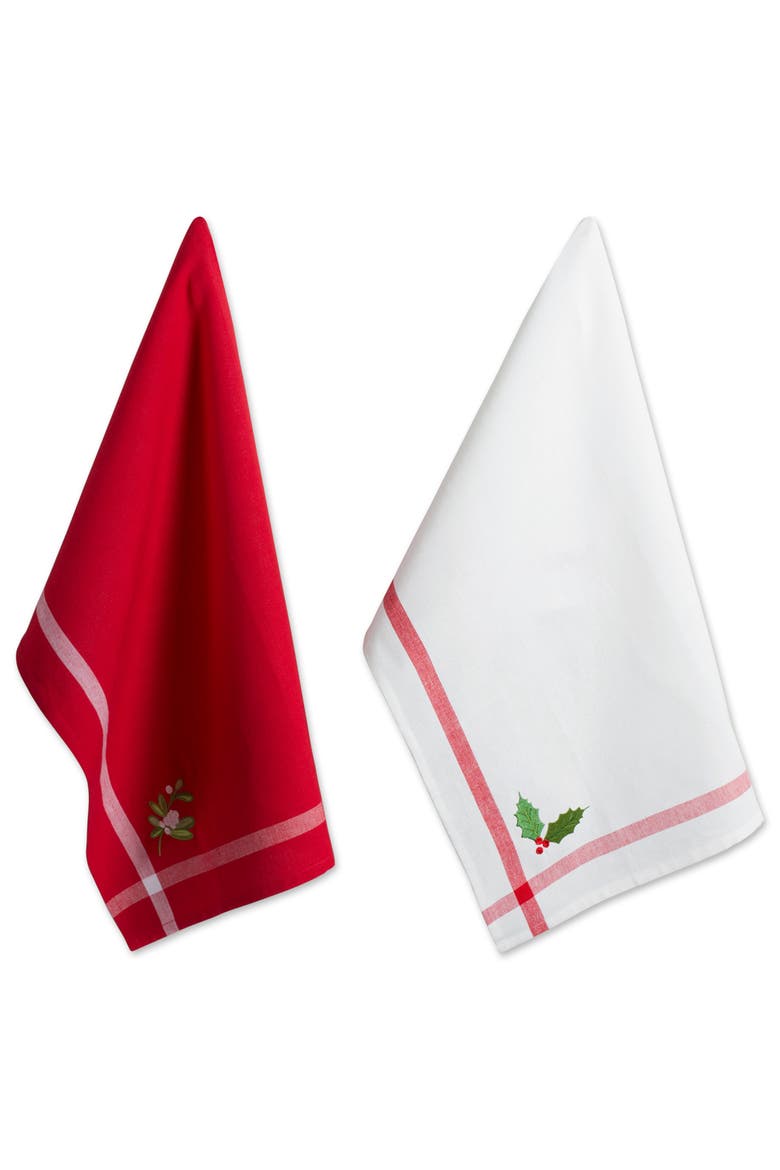 Holly & Mistletoe Holiday Embroidered Dishtowel Set/2, Main, color, Red/White Stripe