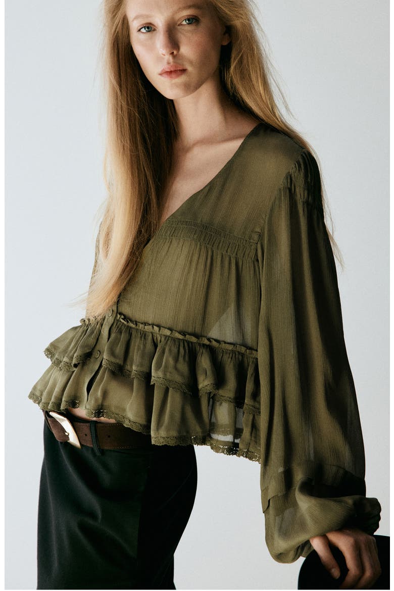 Ruffled Lace Trim Top, Alternate, color, GREEN