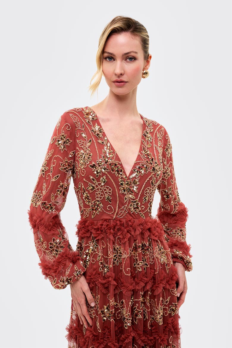 Embellished Sequins Maxi Ruffle Dress, Alternate, color, RUST