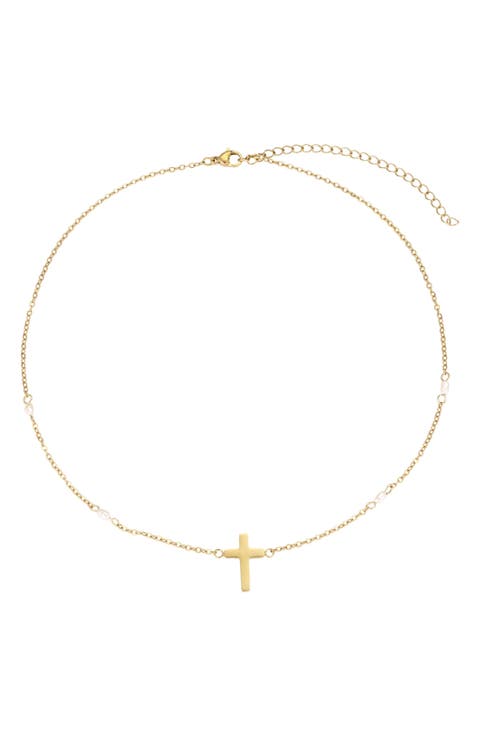 18k Gold Plated Imitation Pearl Cross Necklace