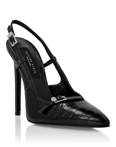 Slingback High Heels Crocco Print Buckle Skull Women