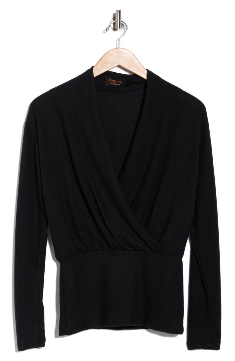 Renee C Surplice V-Neck Long Sleeve Brushed Knit Top, Alternate, color, Black