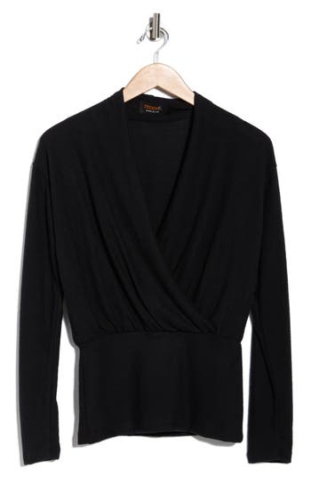 Renee C Surplice V-neck Long Sleeve Brushed Knit Top In Black