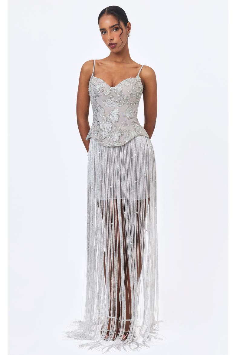 Olisa Beaded Peplum Tassel Maxi Dress, Main, color, Silver