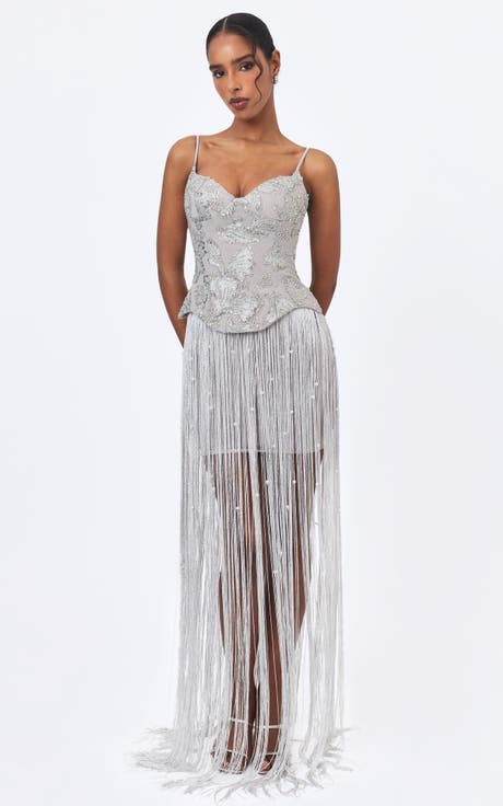 Olisa Beaded Peplum Tassel Maxi Dress