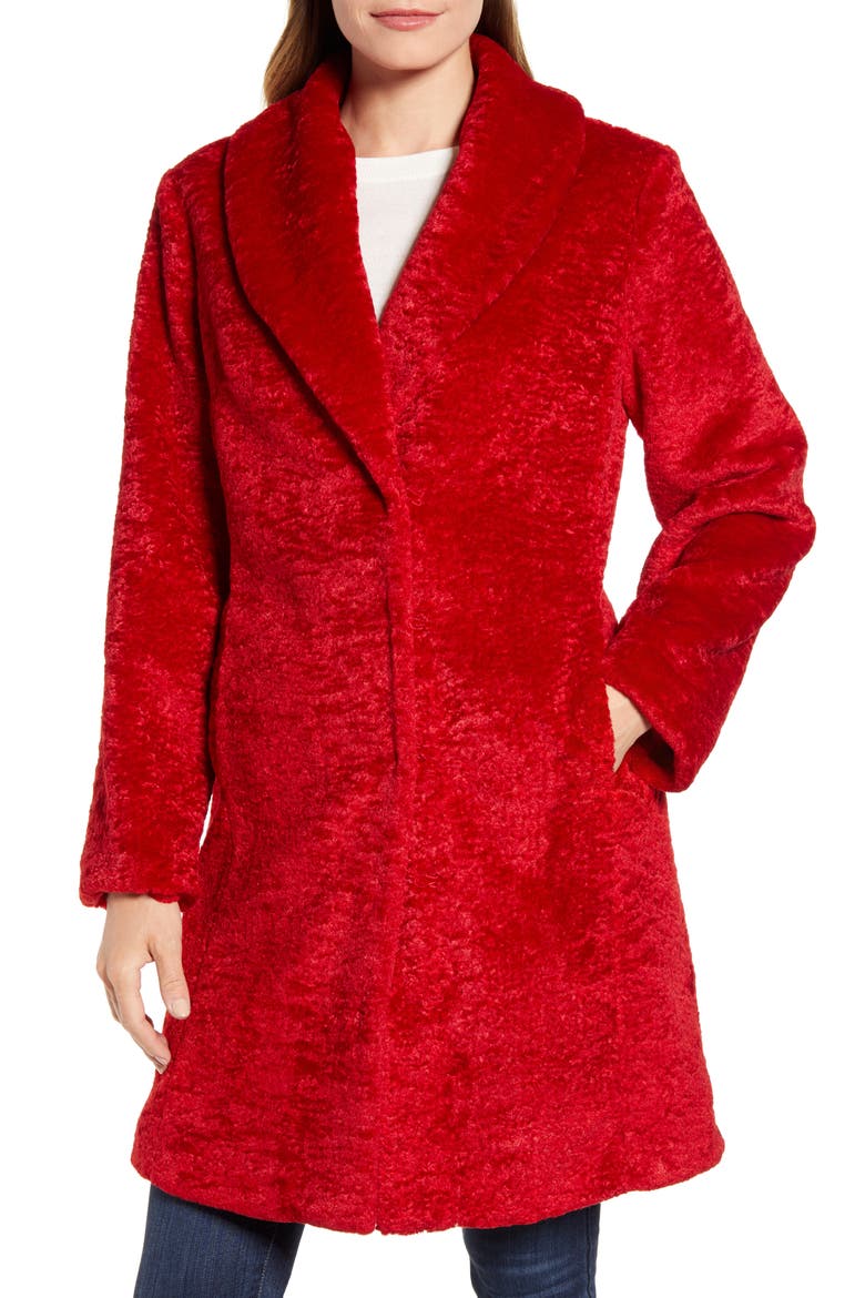 Faux Shearling Shawl Collar Coat, Alternate, color, RED SCARLET