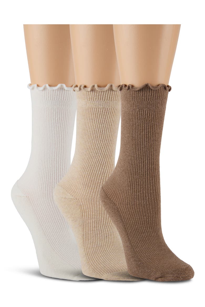 3-Pack Lettuce Edge Cushion Crew Socks, Alternate, color, OATMEAL HEATHER/ BONE/ BROWN