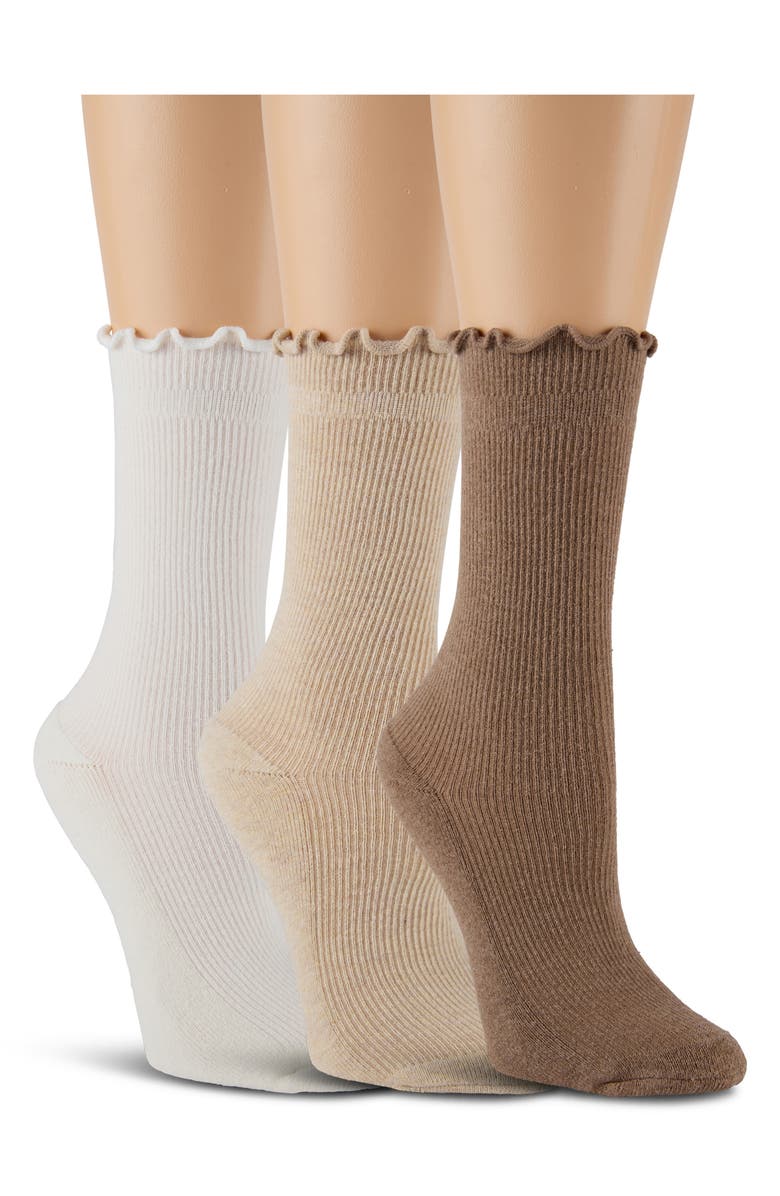 Laundry by Shelli Segal 3-Pack Lettuce Edge Cushion Crew Socks, Alternate, color, Oatmeal Heather/ Bone/ Brown