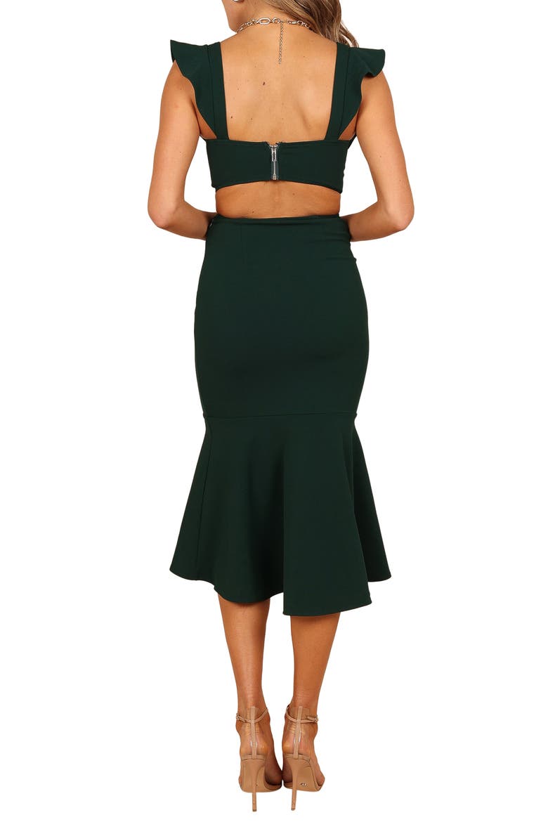 Yvonne Ruffle Trim Cutout High-Low Dress, Alternate, color, EMERALD