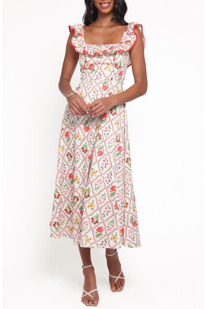 Lucille Floral Ruffle Cotton Midi Dress, Main, color, CORAL WILDFLOWER
