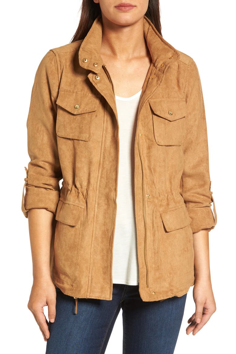 Faux Suede Utility Jacket, Main, color, CAMEL