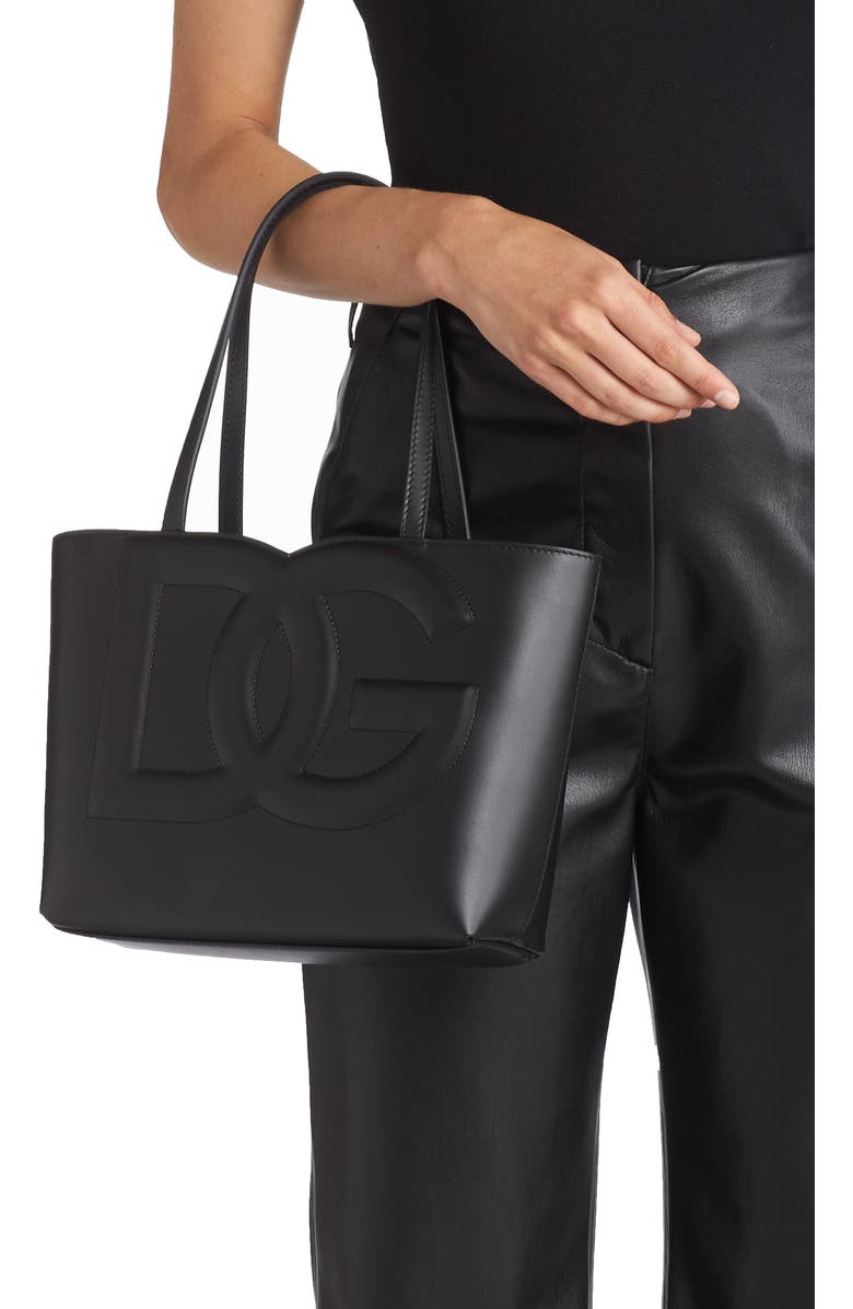 Dolce&Gabbana Small DG Logo Leather Tote, Alternate, color, Black