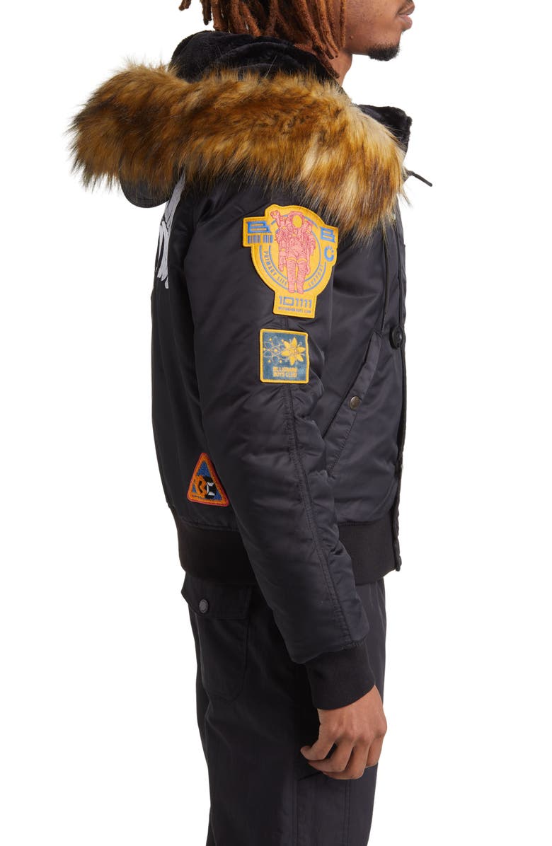 Billionaire Boys Club Eucalyptus Faux Fur Trim Graphic Hooded Bomber Jacket, Alternate, color, 
