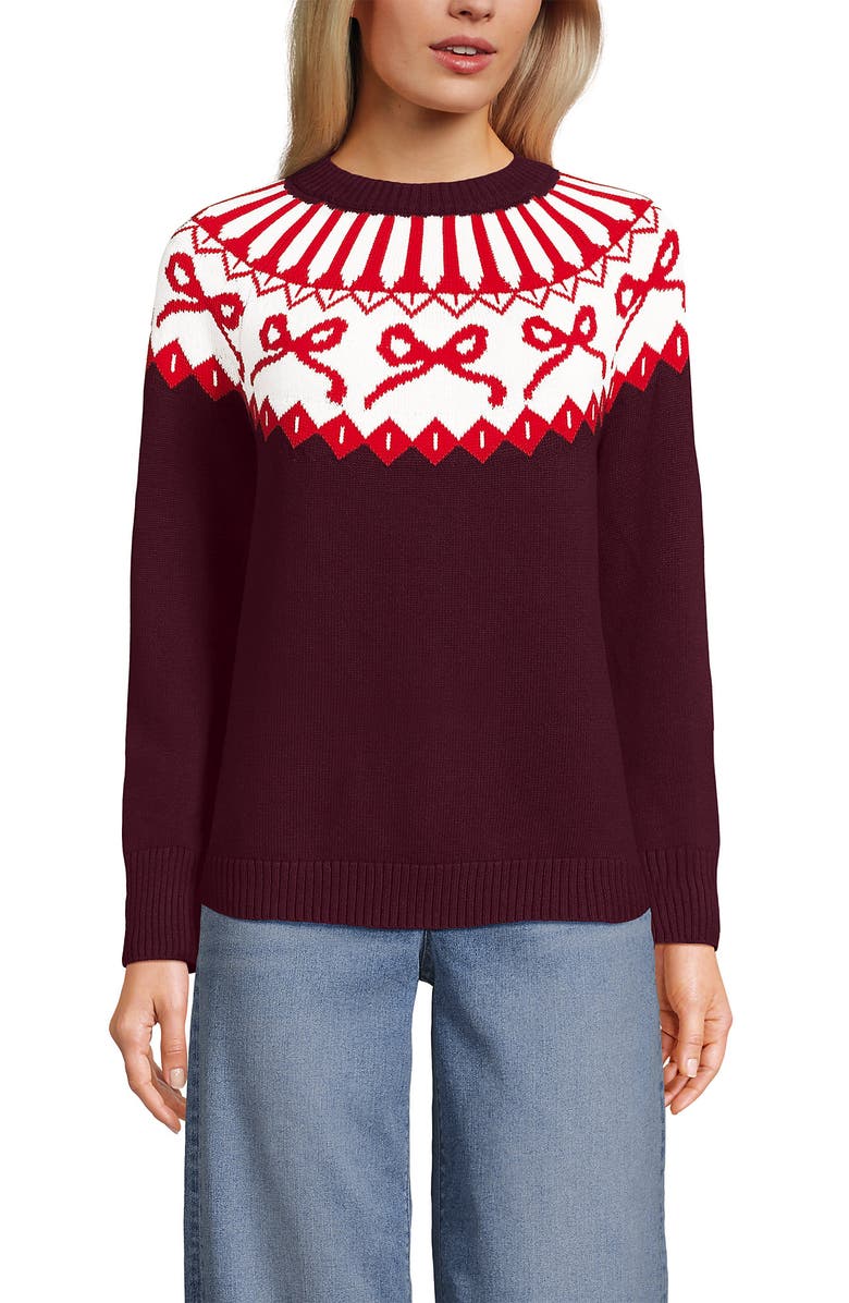 Lands
 End Drifter Jacquard Raglan Crew Neck Sweater, Main, color, Burgundy Bow Fairisle