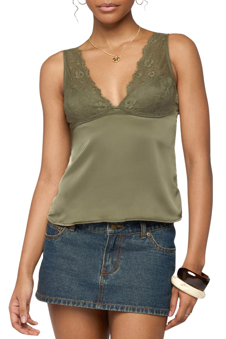 Vikkey Lace Trim Satin Tank, Main, color, OLIVE