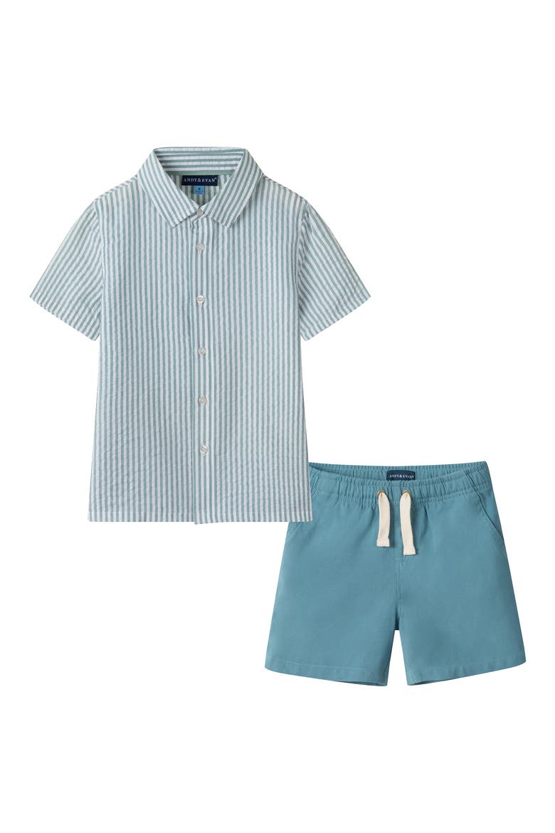 Kids' Stripe Seersucker Button-Up Shirt & Shorts Set, Main, color, TEAL STRIPE