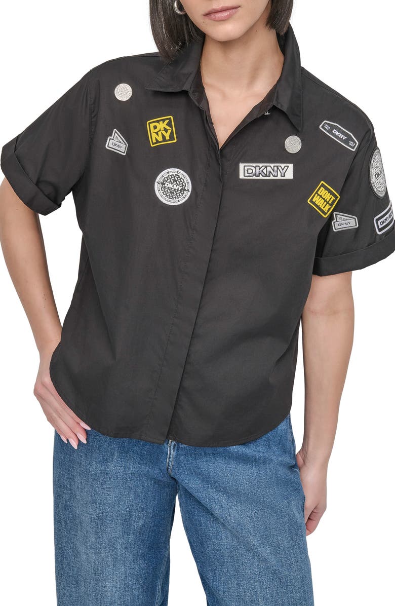 DKNY Pins & Patches Short Sleeve Button-Up Shirt, Main, color, 