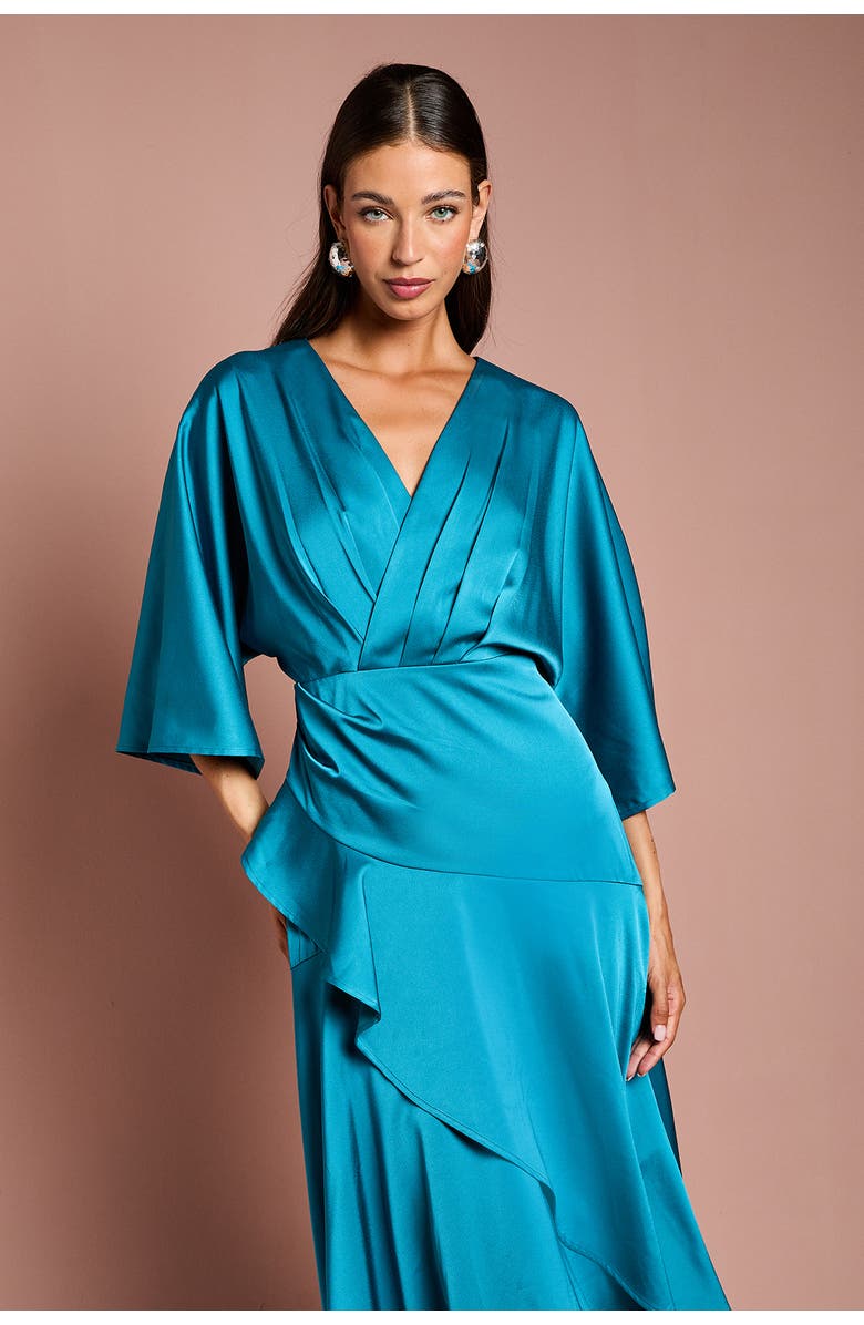 Coast Satin Crepe Ruffle Wrap Midi Dress, Alternate, color, Teal