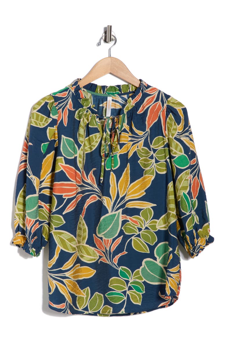 Leaf Print Top, Alternate, color, NAVY
