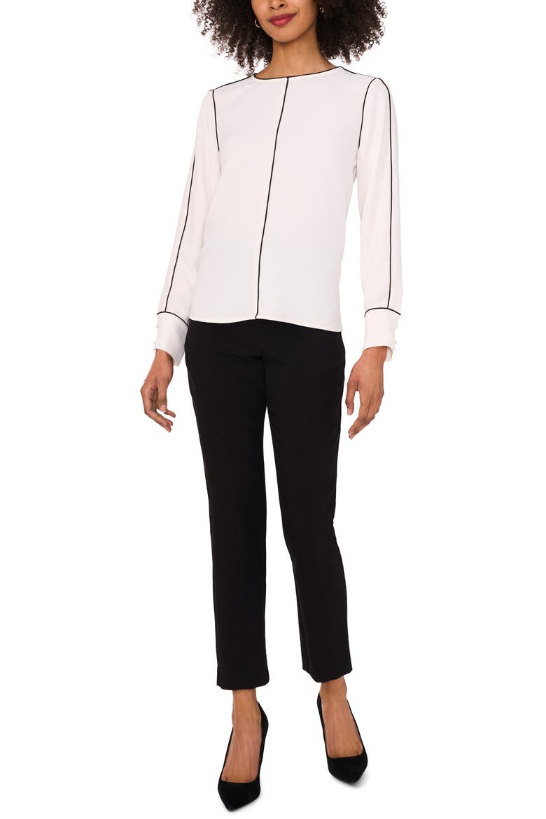 Piped Long Sleeve Crêpe de Chine Top, Alternate, color, NEW IVORY