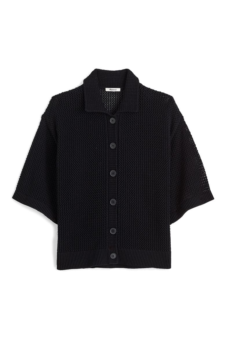 Open Stitch Button Front Cardigan, Alternate, color, TRUE BLACK