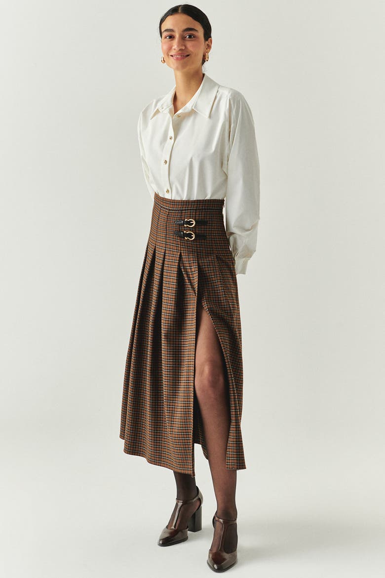 Zayla Checked Midi Skirt, Alternate, color, Brown