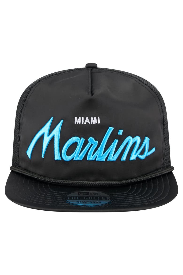 Men's New Era Black Miami Marlins Retro Satin Script Golfer Adjustable Hat, Alternate, color, Black