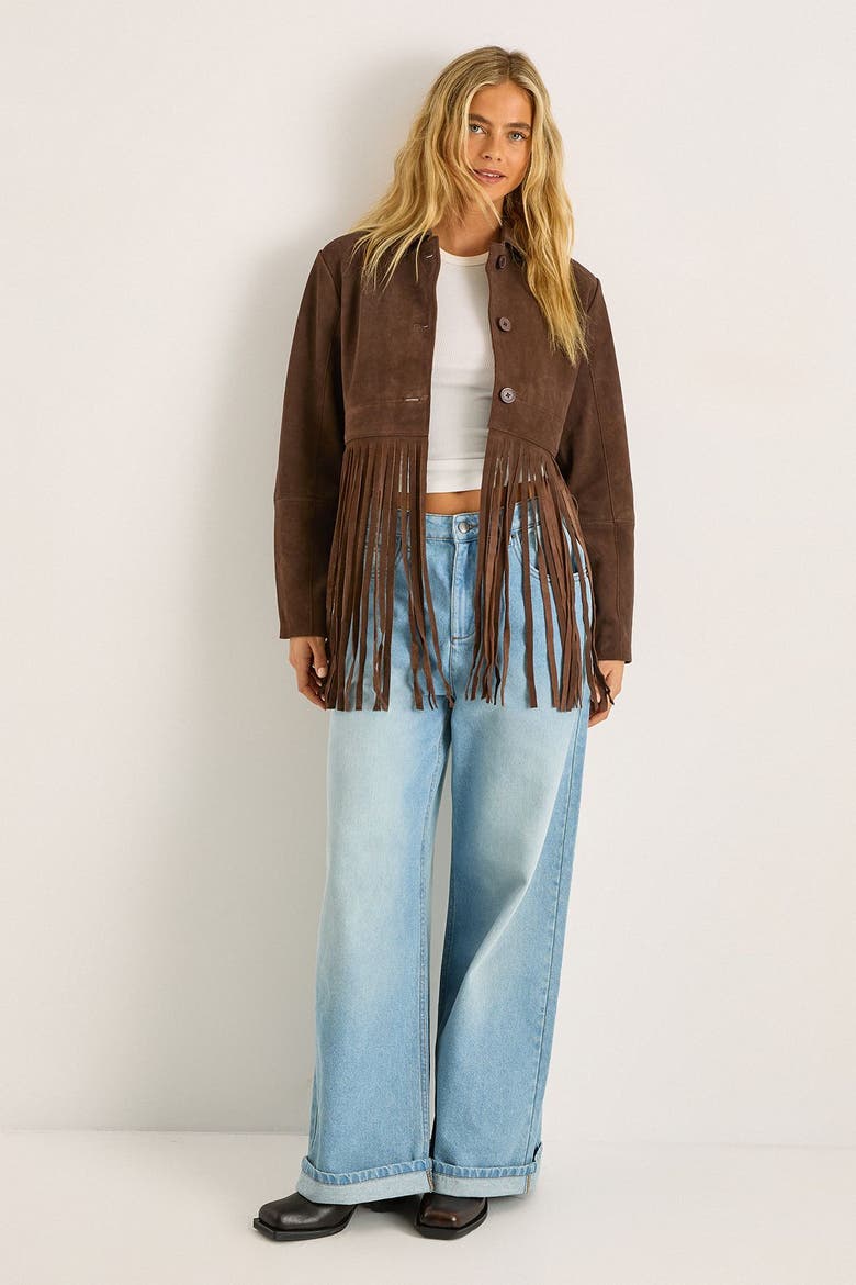 Real Suede Fringe Jacket, Alternate, color, Chocolate