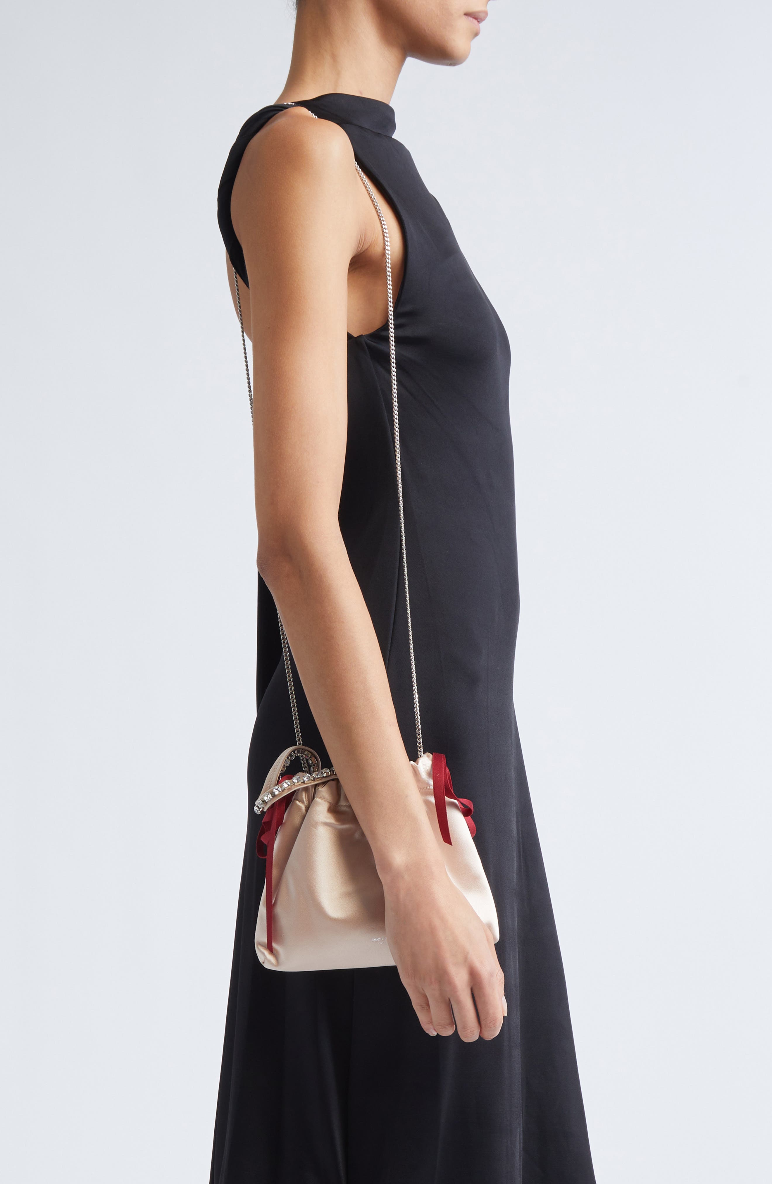 Jimmy Choo Mini Drawstring Top Handle Bag, Alternate, color, Macaron/ Ruby Red/ Silver