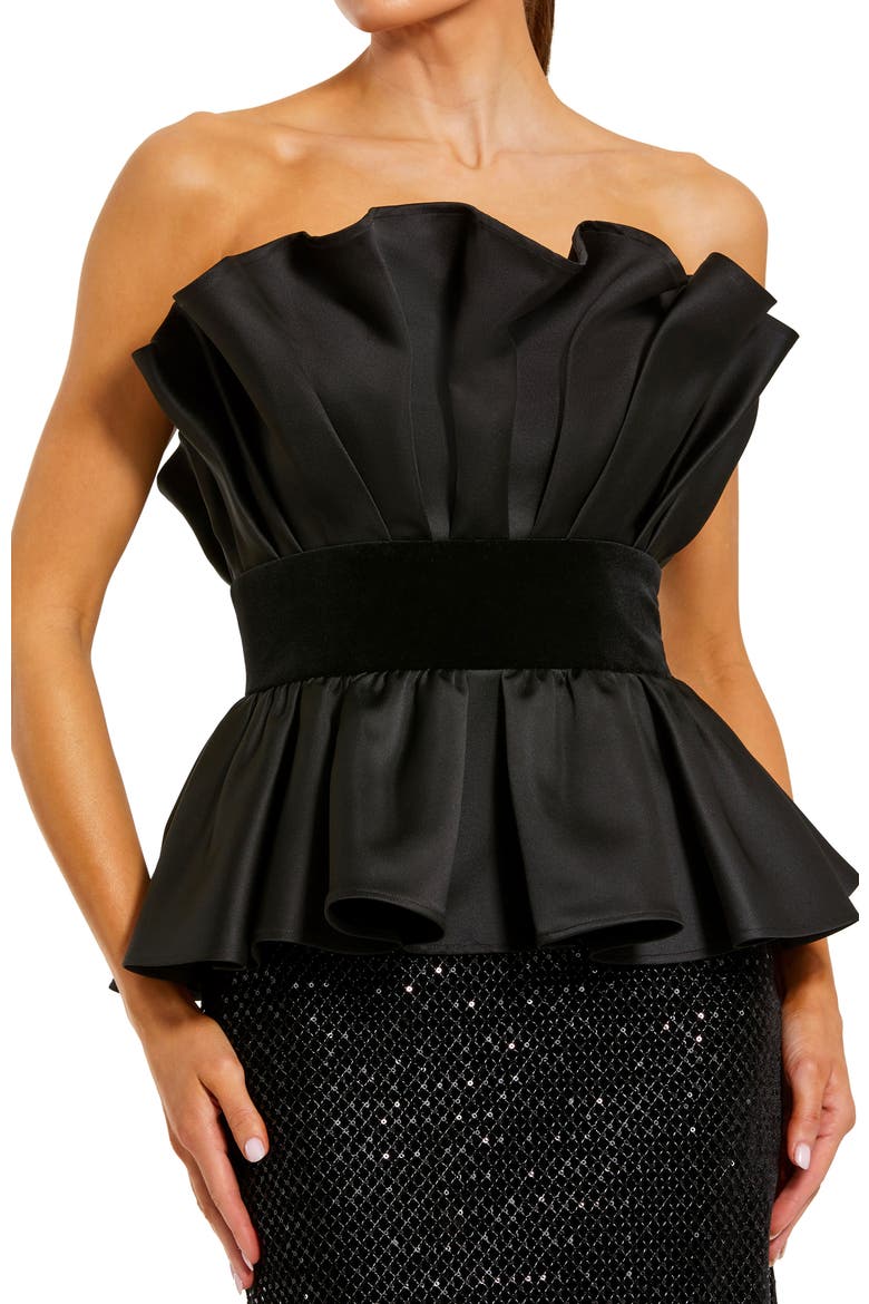 Strapless Satin Peplum Top With Sequin Skirt Gown, Alternate, color, Black