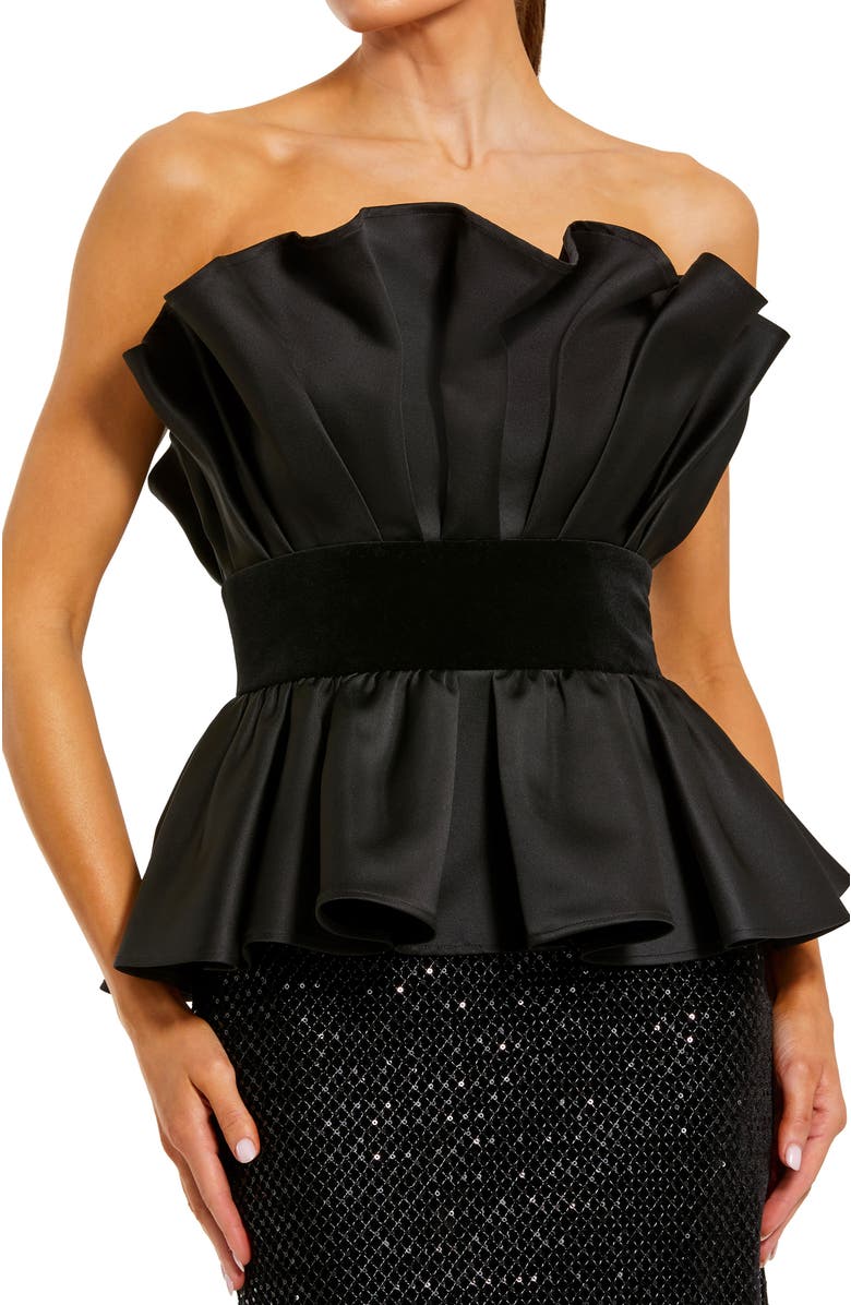 Mac Duggal Strapless Satin Peplum Top With Sequin Skirt Gown, Alternate, color, Black