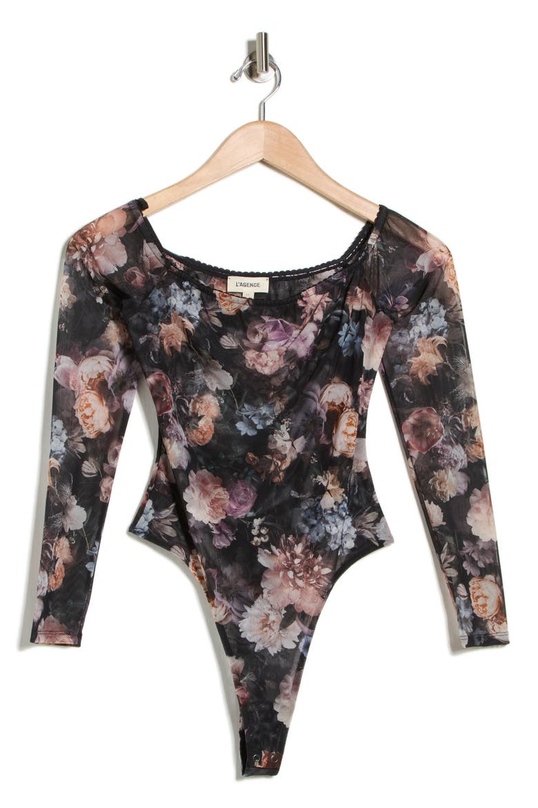 Peonie Off the Shoulder Bodysuit, Alternate, color, BLACK MULTI VINTAGE OIL FLOWER