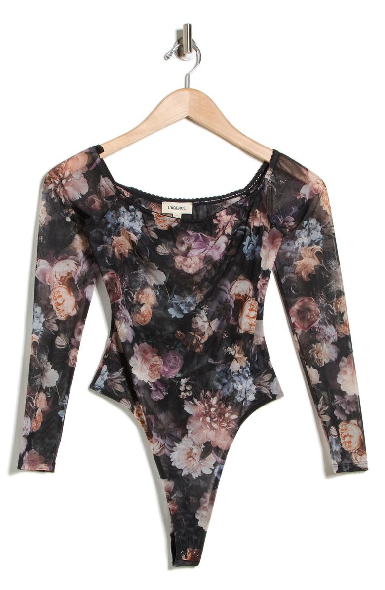 L'AGENCE Peonie Off the Shoulder Bodysuit, Main, color, Black Multi Vintage Oil Flower