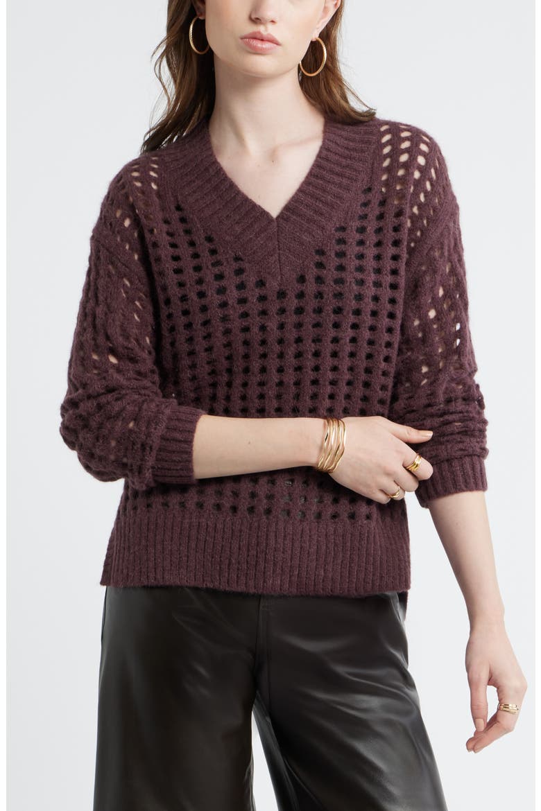 Mesh Stitch V-Neck Sweater, Main, color, BURGUNDY FUDGE