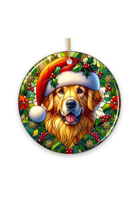 Santa Hat Golden Retriever Stained Glass Style Ornament