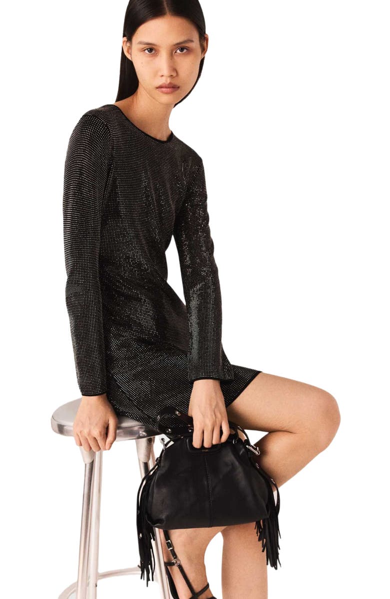 maje Mini rhinestone knit dress, Alternate, color, Black