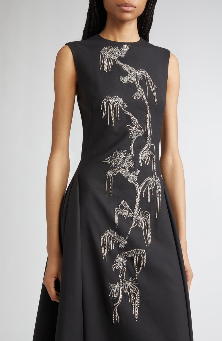 Lela Rose Crystal Embroidered Stretch Twill A-Line Dress, Alternate, color, Black