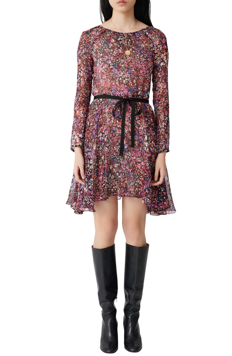 maje Long Sleeve Belted Floral Silk Dress, Alternate, color, 