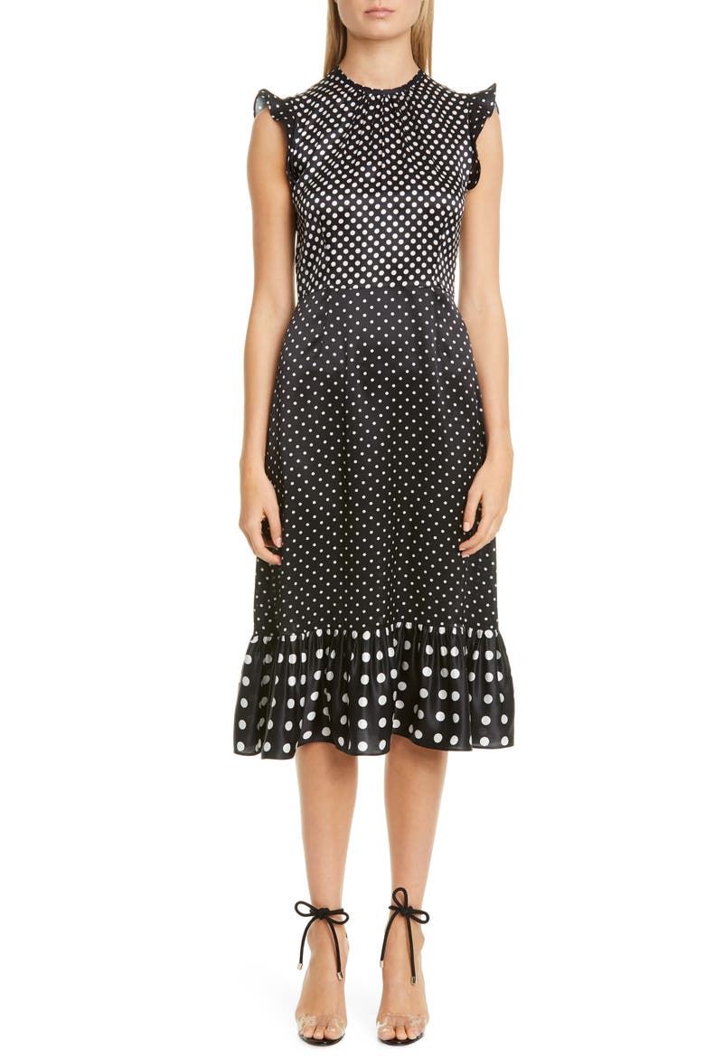 Flutter Sleeve Polka Dot Satin Midi Dress, Main, color, 122001 BLACK SMALL DOT