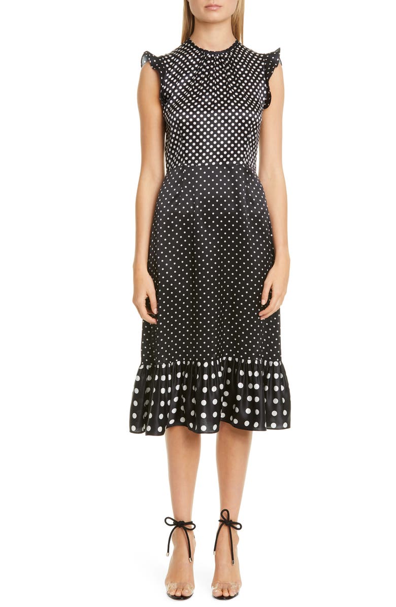 Altuzarra Flutter Sleeve Polka Dot Satin Midi Dress, Main, color,