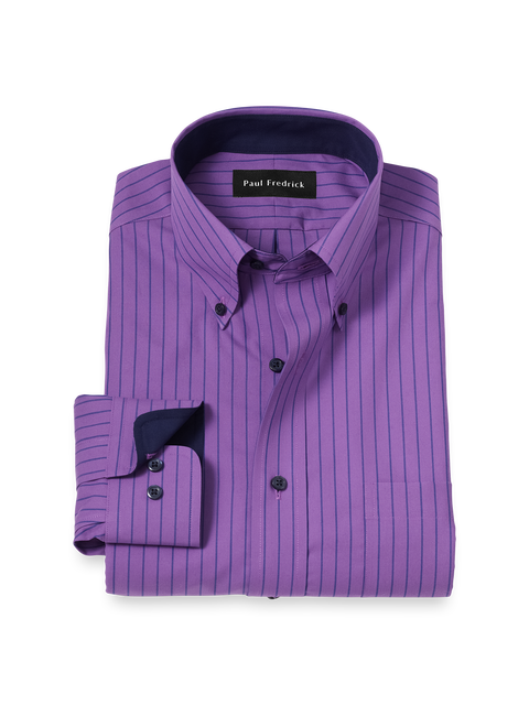 Cotton Buttondown Collar Broadcloth Slim Contrast Trim Button Cuff Long Sleeve