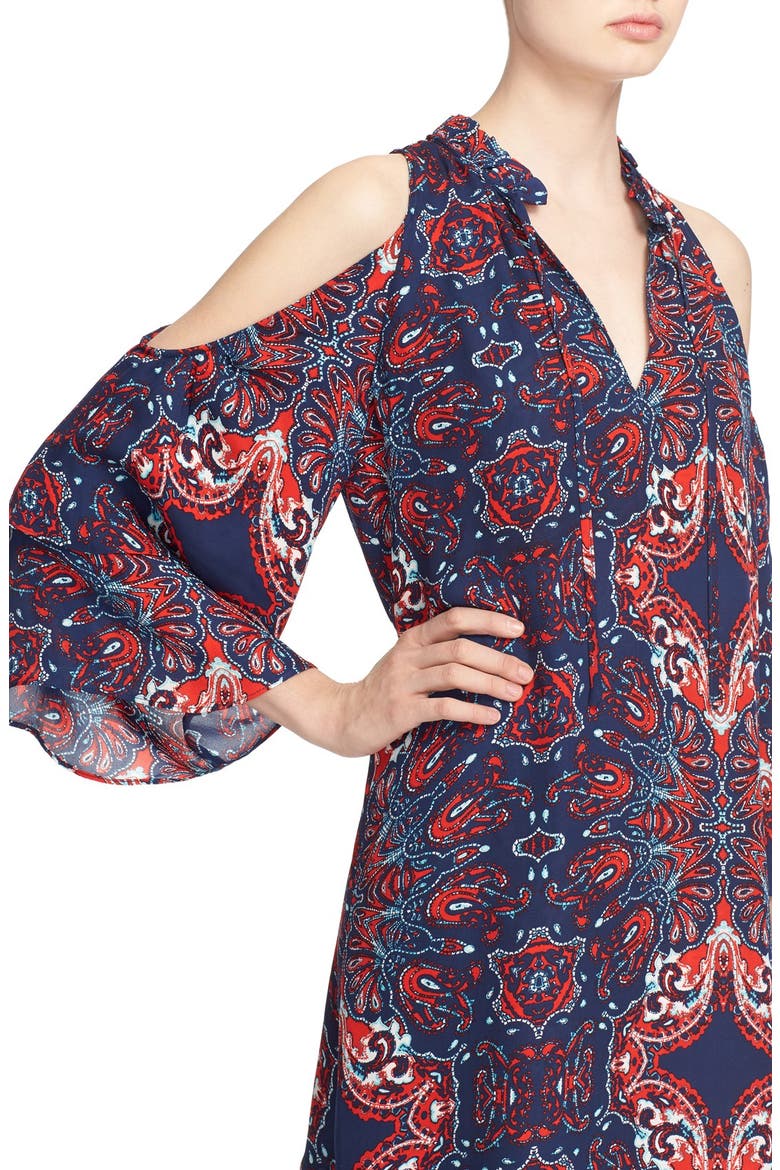 'Anastasia' Cold Shoulder Paisley Silk Shift Dress, Alternate, color, BANDANA