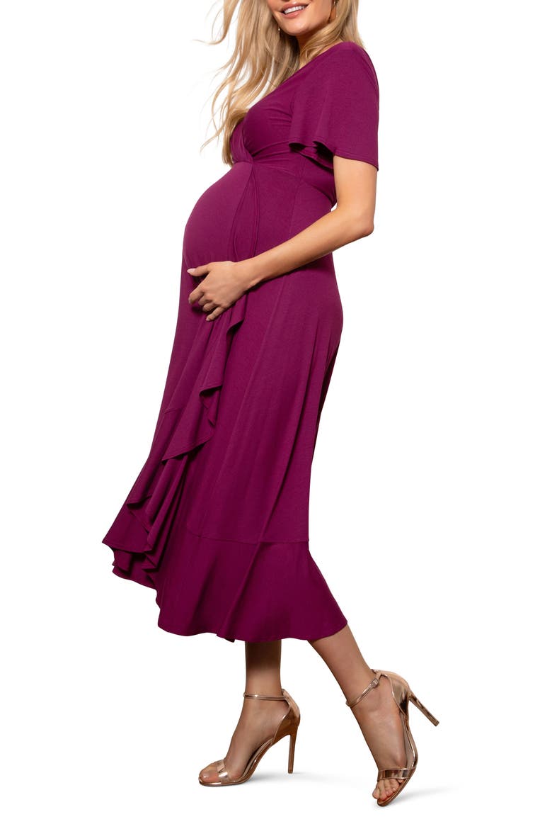 Waterfall Faux Wrap Maternity/Nursing Midi Dress, Alternate, color, PLUM WINE