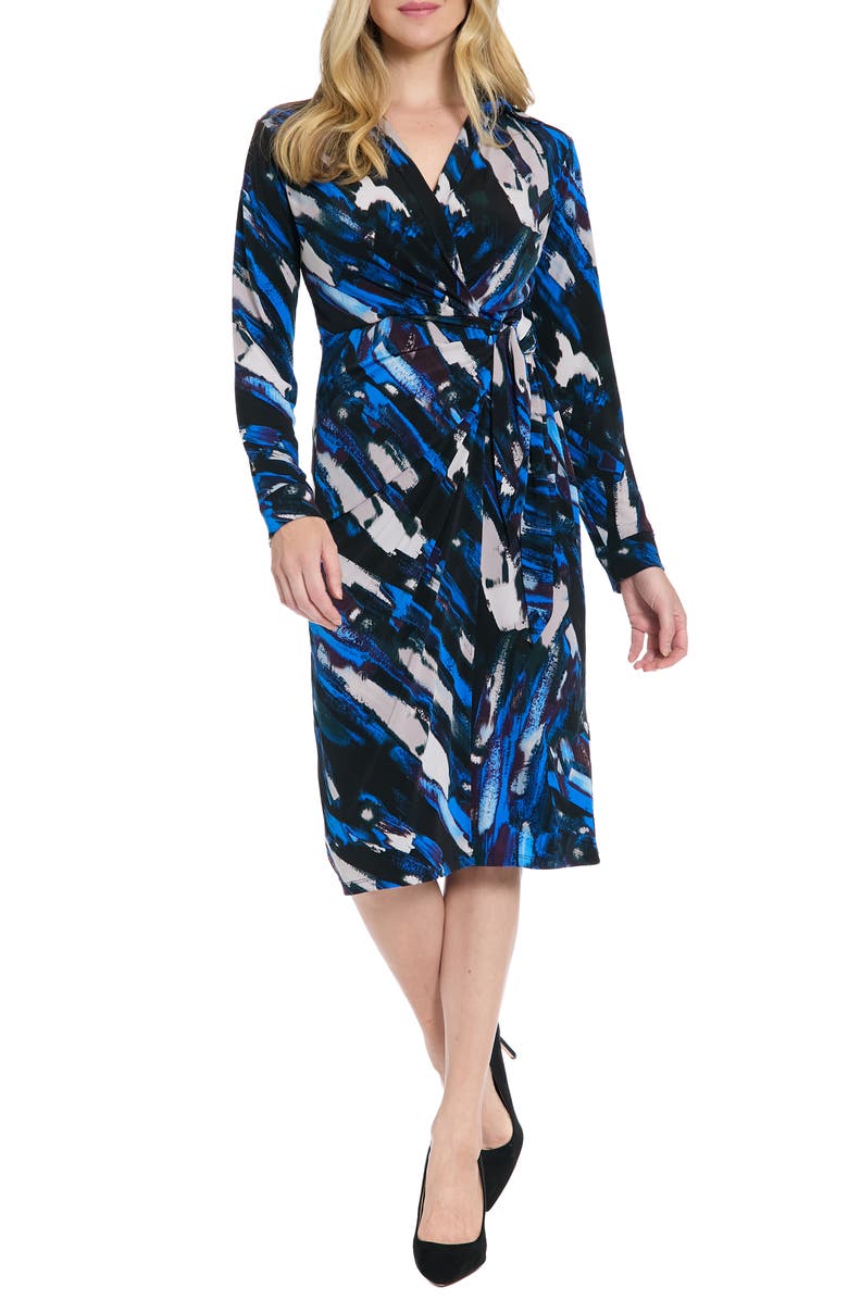 London Times Long Sleeve Faux Wrap Shirtdress, Main, color, Black/ Royal