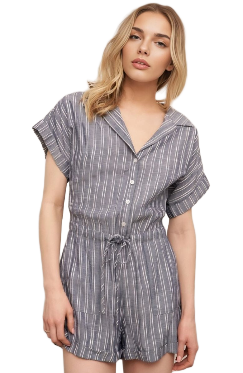 Knit and Lounge Striped Button Front Drawstring Waist Short Sleeve Cuffed Hem Romper, Alternate, color, Slate Blue