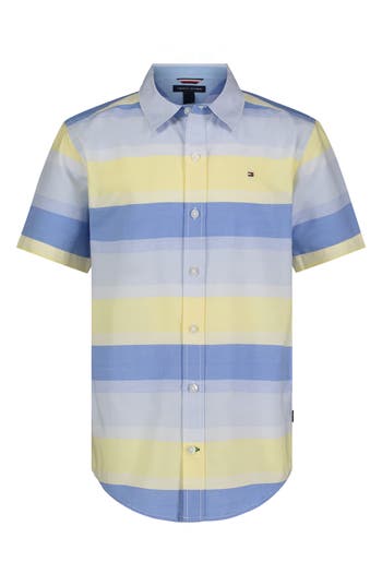 Tommy Hilfiger Kids' Stripe Short Sleeve Button-up Shirt In Popcorn
