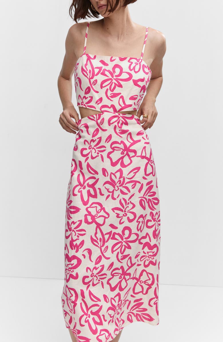 MANGO Floral Cutout Linen Blend Midi Dress, Alternate, color, 